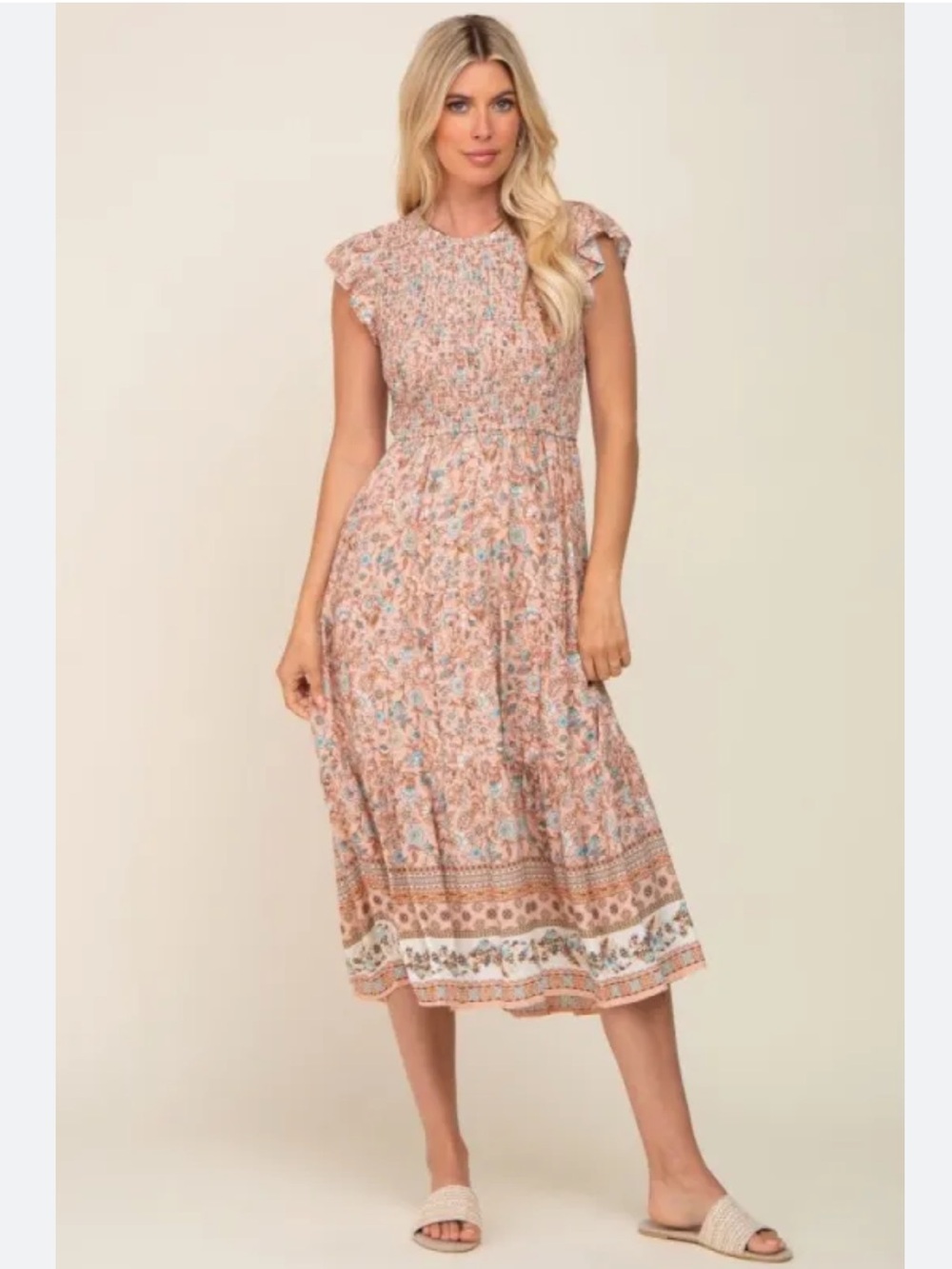 By the river Floral Smocked tiered Midi feminine Dress in Blush Pink